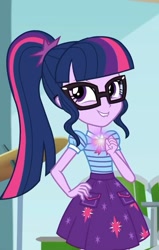 Size: 459x720 | Tagged: safe, screencap, sci-twi, twilight sparkle, better together, equestria girls, overpowered (equestria girls), clothes, cropped, cute, female, geode of telekinesis, glasses, ponytail, skirt, smiling, solo, twiabetes