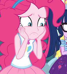 Size: 658x720 | Tagged: safe, derpibooru import, screencap, pinkie pie, sci-twi, twilight sparkle, better together, equestria girls, rollercoaster of friendship, clothes, cropped, geode of sugar bombs, sad