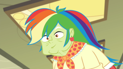 Size: 1920x1080 | Tagged: safe, screencap, granny smith, best trends forever, best trends forever: rainbow dash, better together, equestria girls, rainbow wig, solo, why, wig