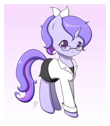 Size: 700x800 | Tagged: safe, artist:jdan-s, derpibooru import, oc, oc only, oc:doctor violet, pony, unicorn, bow, clothes, cute, glasses, lab coat, looking at you, ocbetes, pixiv, ponytail, skirt, solo