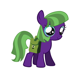 Size: 1784x1621 | Tagged: safe, oc, oc only, oc:blue corn, bag, bags, blue eyes, carrying, cute, female, filly, green hair, purple, saddle bag, simple background, smiling, standing, transparent background