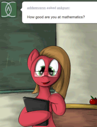 Size: 500x656 | Tagged: safe, artist:geneticanomaly, artist:wolfmedia, derpibooru import, oc, oc only, oc:pun, earth pony, pony, animated, ask, ask pun, female, gif, glasses, mare, pun, solo