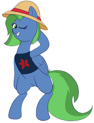 Size: 1345x1749 | Tagged: safe, artist:feralroku, derpibooru import, oc, oc only, oc:sky cleaner, pegasus, pony, 2019 community collab, bipedal, clothes, derpibooru community collaboration, folded wings, hat, one eye closed, shirt, simple background, smiling, solo, straw hat, t-shirt, transparent background, wings, wink