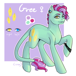 Size: 2000x2000 | Tagged: safe, artist:gree3, oc, oc only, oc:gree, earth pony, pony, female, high res, mare, one eye closed, reference sheet, solo