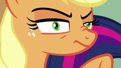 Size: 1280x720 | Tagged: safe, derpibooru import, screencap, applejack, twilight sparkle, earth pony, pony, the washouts (episode), close-up, faic, female, mare, nose wrinkle, solo