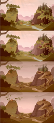 Size: 1440x3237 | Tagged: safe, derpibooru import, edit, edited screencap, screencap, the hooffields and mccolts, cabin, collage, deforestation, environmental damage, no pony, pine tree, pumpkin, river, scenery, sepia, sequence, smokey mountains, stream, tent, tree, valley