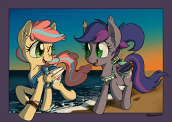 Size: 1140x805 | Tagged: safe, artist:tehflah, oc, oc only, oc:fizzy dip, oc:midnight melody, bat pony, pegasus, pony, beach, bikini, clothes, one-piece swimsuit, smiling, swimsuit