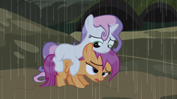 Size: 1366x768 | Tagged: safe, screencap, scootaloo, sweetie belle, pony, appleoosa's most wanted, dark, female, filly, lidded eyes, mud, muddy, out of context, rain, trail, wet