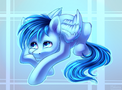 Size: 1633x1200 | Tagged: safe, artist:hakaina, derpibooru import, oc, oc:happy dream, pegasus, pony, abstract background, blue, blue eyes, lying down, male, prone, sad, solo, stallion