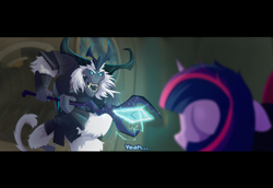 Size: 3504x2412 | Tagged: safe, artist:batonya12561, derpibooru import, storm king, tempest shadow, twilight sparkle, twilight sparkle (alicorn), alicorn, pony, unicorn, my little pony: the movie, attempted murder, female, male, mare, scene interpretation, staff, staff of sacanas, trio, widescreen