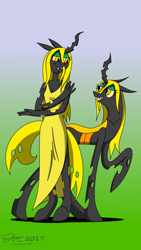 Size: 2100x3734 | Tagged: safe, artist:derpanater, oc, oc only, oc:deciduous, anthro, changeling, changeling queen, unguligrade anthro, changeling oc, changeling queen oc, clothes, dress, female, smiling, yellow changeling