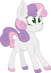 Size: 1019x1458 | Tagged: safe, artist:paskanaakka, derpibooru exclusive, derpibooru import, sweetie belle, pony, unicorn, blank flank, chest fluff, colored hooves, ear fluff, female, filly, simple background, smiling, solo, transparent background, unshorn fetlocks