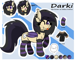 Size: 1217x984 | Tagged: safe, artist:darkwolfhybrid, derpibooru import, oc, oc only, oc:darkius wolficus, bat pony, :p, bat pony oc, blushing, chest fluff, clothes, collar, cute, ear piercing, expressions, female, fur coat, heterochromia, one eye closed, piercing, poker face, raised hoof, reference sheet, silly, socks, solo, striped socks, tongue out, wink