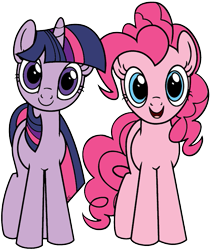 Size: 535x634 | Tagged: safe, artist:princesseninka, pinkie pie, twilight sparkle, pony, black outlines, hugpony poses, simple background, smiling, transparent background