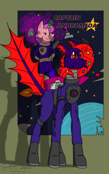 Size: 2000x3194 | Tagged: safe, artist:derpanater, oc, oc only, oc:andromeda galaxy, original species, fallout equestria, lurker, poster, smiling, spacesuit, sparkle-lurker