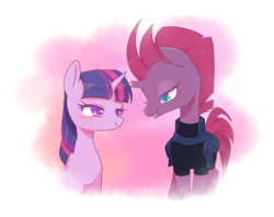 Size: 948x750 | Tagged: safe, artist:kkmrarar, derpibooru import, edit, editor:jamalleymall, tempest shadow, twilight sparkle, alicorn, pony, unicorn, my little pony: the movie, blushing, broken horn, cropped, female, horn, lesbian, looking at each other, mare, open mouth, shipping, smiling, tempestlight, wingding eyes