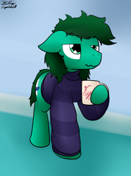 Size: 997x1340 | Tagged: safe, artist:the-furry-railfan, derpibooru import, oc, oc only, oc:sporadic escapade, bed mane, clothes, lazy, morning, mug, pants, sweater, tired