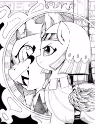 Size: 5016x6543 | Tagged: safe, artist:alts-art, somnambula, sphinx (character), pony, sphinx, daring done?, absurd resolution, inktober, monochrome, traditional art
