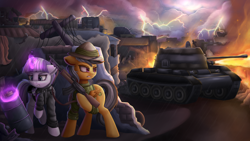 Size: 1920x1080 | Tagged: safe, artist:vanillaghosties, daring do, twilight velvet, pegasus, pony, unicorn, fanfic:spectrum of lightning, series:daring did tales of an adventurer's companion, ak, ak-47, assault rifle, barrel, clothes, duo, fanfic, fanfic art, fanfic cover, female, fire, flamethrower, glowing horn, gun, hiding, hood, jacket, leather jacket, lightning, magic, mare, rifle, serious, serious face, t-55, tank (vehicle), to-55, weapon