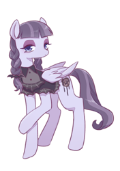 Size: 398x564 | Tagged: safe, artist:kkmrarar, derpibooru import, edit, editor:jamalleymall, inky rose, pegasus, pony, clothes, cropped, eyeshadow, female, looking at you, makeup, mare, raised hoof, simple background, solo, white background