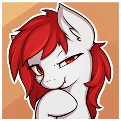 Size: 570x570 | Tagged: safe, artist:theparagon, derpibooru import, oc, oc only, oc:redtail, bat pony, bat pony oc, bust, dreamworks face, ear fluff, fangs, mischievous, portrait, red eyes, simple background, solo