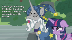 Size: 1358x766 | Tagged: safe, artist:renofox, edit, edited screencap, screencap, star swirl the bearded, twilight sparkle, twilight sparkle (alicorn), alicorn, image macro, meme, virgin, virginity, wizard