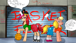 Size: 1024x576 | Tagged: safe, artist:susanzx2000, derpibooru import, oc, earth pony, pony, unicorn, bad girl, badass, basket, ponified