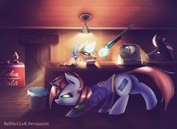 Size: 3000x2180 | Tagged: safe, artist:bellheller, oc, oc only, oc:littlepip, earth pony, pony, unicorn, fallout equestria, clothes, cutie mark, fallout, fanfic, fanfic art, female, glowing horn, gun, hand, hiding, hooves, horn, levitation, magic, magic hands, male, mare, nuka cola, pipbuck, plot, scar, sneaking, soda, stallion, telekinesis, text, vault suit, weapon