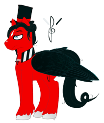 Size: 547x645 | Tagged: safe, artist:overlord pony, oc, oc only, oc:crimson corrado, pegasus, pony, cutie mark background, facial markings, hat, male, red and black oc, reference sheet, simple background, solo, stallion, top hat, transparent background, unshorn fetlocks