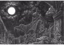 Size: 2480x1748 | Tagged: safe, artist:amarthgul, twilight sparkle, pony, castle of the royal pony sisters, monochrome, moon, night, ruins, solo, traditional art