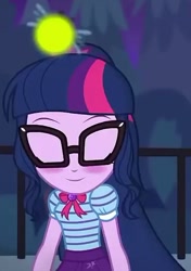 Size: 432x615 | Tagged: safe, screencap, sci-twi, twilight sparkle, firefly (insect), better together, equestria girls, star crossed, blushing, clothes, cropped, eyes closed, female, geode of telekinesis, glasses, ponytail, skirt, solo