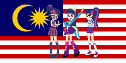 Size: 2800x1400 | Tagged: artist needed, safe, edit, sci-twi, twilight sparkle, equestria girls, friendship games, legend of everfree, book, boots, clothes, converse, crystal prep academy uniform, high heel boots, human coloration, malaysia, multeity, school uniform, shoes, sneakers, socks, triality, trio, twolight, vector, vector edit, wondercolts uniform