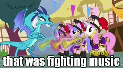 Size: 728x406 | Tagged: safe, edit, edited screencap, screencap, princess ember, dragon, pony, triple threat, band, discovery family logo, fist, image macro, meme, menacing, musical instrument, ponyville, trumpet