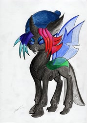 Size: 2455x3441 | Tagged: safe, artist:luxiwind, derpibooru import, oc, oc:ferra, changeling, beanie, female, hat, solo, traditional art