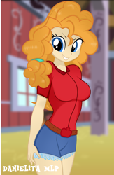 Size: 1024x1572 | Tagged: safe, artist:danielitamlp, derpibooru import, pear butter, equestria girls, applejack's mom, barn, belt, breasts, busty pear butter, clothes, equestria girls-ified, female, indoors, shorts, smiling, solo