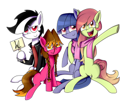 Size: 2470x2021 | Tagged: safe, artist:whitelie, oc, oc only, oc:artline, oc:cosmia nebula, oc:lix, oc:white lie, earth pony, pony, 2018 community collab, clothes, derpibooru community collaboration, friendship, happy, scarf, shared clothing, shared scarf, side hug, sign, simple background, transparent background