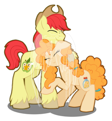 Size: 2133x2320 | Tagged: safe, artist:tuppkam1, bright mac, pear butter, earth pony, pony, the perfect pear, brightbutter, cowboy hat, duo, eyes closed, female, hat, high res, hug, male, obtrusive watermark, shipping, simple background, smiling, straight, transparent background, watermark