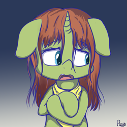 Size: 689x689 | Tagged: safe, artist:pexpy, oc, oc only, oc:lucidity, pony, unicorn, female, floppy ears, gradient background, mare, nervous, open mouth, solo