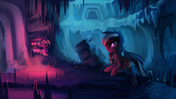 Size: 1920x1080 | Tagged: safe, artist:jedayskayvoker, derpibooru import, oc, oc only, oc:moonlight song, bat pony, pony, bat pony oc, cave, crossover, door, female, horizon zero dawn, scenery, snow, stalactite, stalagmite, video game