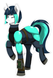 Size: 581x851 | Tagged: safe, artist:scarletsfeed, derpibooru import, oc, oc only, oc:dragonfire, pony, unicorn, fallout equestria, fallout equestria: child of the stars, armor, cute, fallout, fanfic art, female, looking at you, mare, one eye closed, pipbuck, simple background, solo, transparent background, wink