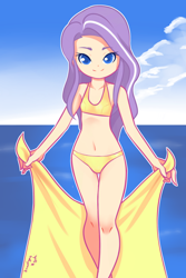 Size: 1280x1920 | Tagged: safe, artist:drantyno, diamond tiara, human, belly button, bikini, child, clothes, cloud, colored pupils, cute, diamondbetes, female, humanized, looking at you, ocean, smiling, solo, stupid sexy diamond tiara, swimsuit, thigh gap, towel, water, yellow swimsuit