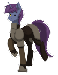 Size: 650x843 | Tagged: safe, artist:scarletsfeed, derpibooru import, oc, oc only, oc:vertigo, fallout equestria, fallout equestria: child of the stars, armor, cute, fallout, fanfic art, looking at you, male, one eye closed, simple background, solo, stallion, transparent background, wink