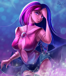 Size: 1301x1500 | Tagged: safe, artist:foughtdragon01, derpibooru import, twilight sparkle, human, absolute cleavage, armpits, beads, belly button, breasts, choker, cleavage, female, humanized, looking at you, smiling, solo