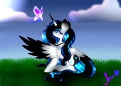 Size: 1024x731 | Tagged: safe, artist:anasflow, oc, oc only, oc:sweet lovin, alicorn, butterfly, pony, female, mare, sitting, solo