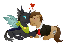 Size: 1024x710 | Tagged: safe, artist:guiltyp, derpibooru import, oc, oc only, oc:clock, oc:forge, changeling, earth pony, pony, bandana, blushing, clothes, eyes closed, floating heart, gay, heart, male, necktie, prone, simple background, stallion, transparent background