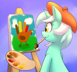 Size: 1871x1741 | Tagged: safe, artist:otakuap, lyra heartstrings, pony, unicorn, beret, canvas, cute, female, hand, hand turkey, hat, mare, mouth hold, paintbrush, painting, smiling, solo, that pony sure does love hands, turkey