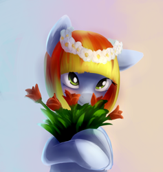 Size: 1786x1885 | Tagged: safe, artist:sokolas, oc, oc only, oc:melon drop, earth pony, pony, bouquet, bust, cute, floral head wreath, flower, gradient background, portrait, smiling, solo