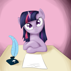 Size: 900x900 | Tagged: safe, artist:sokolas, twilight sparkle, pony, inkwell, letter, quill, solo