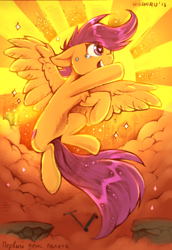 Size: 2540x3696 | Tagged: safe, artist:hioshiru, artist:sugaryviolet, derpibooru import, edit, scootaloo, pegasus, pony, chest fluff, cliff, crying, cute, cutie mark, female, filly, floppy ears, flying, heart eyes, scootaloo can fly, scooter, smiling, solo, sunburst background, tears of joy, the cmc's cutie marks, wingding eyes