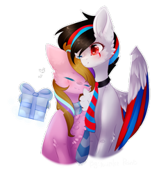 Size: 823x897 | Tagged: safe, artist:twinkepaint, oc, oc only, oc:huirou lazuli, oc:twinke paint, pegasus, pony, unicorn, chest fluff, colored wings, female, hug, magic, mare, multicolored wings, necktie, one eye closed, present, simple background, telekinesis, transparent background